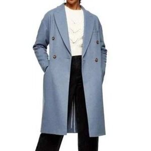 TOPSHOP Brooke Double Breasted Dusty Blue Long Trench Coat Size 6
